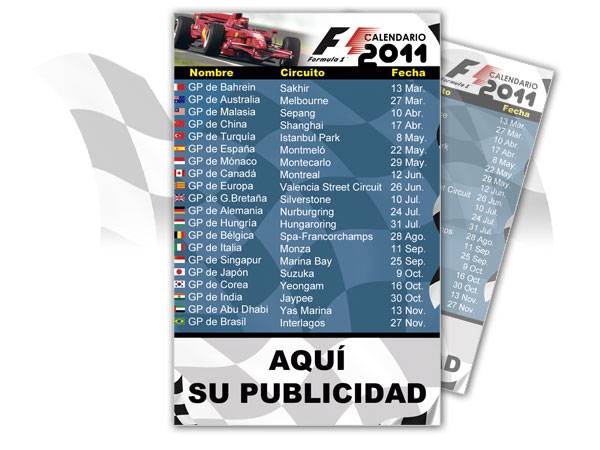 CALENDARIO FÓRMULA 1 - 2012 - Calendario F1 con su publicidad - 1 CARA